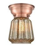 623-1F-AC-G146 1-Light 7" Antique Copper Flush Mount - Mercury Plated Chatham Glass - LED Bulb - Dimmensions: 7 x 7 x 9.4 - Sloped Ceiling Compatible: No