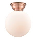623-1F-AC-G201-10 1-Light 10" Antique Copper Flush Mount - Matte White Cased Beacon Glass - LED Bulb - Dimmensions: 10 x 10 x 11.15 - Sloped Ceiling Compatible: No