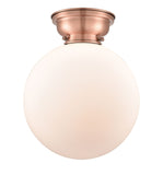 623-1F-AC-G201-12 1-Light 12" Antique Copper Flush Mount - Matte White Cased Beacon Glass - LED Bulb - Dimmensions: 12 x 12 x 13.15 - Sloped Ceiling Compatible: No