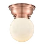 623-1F-AC-G201-6 1-Light 6.25" Antique Copper Flush Mount - Matte White Cased Beacon Glass - LED Bulb - Dimmensions: 6.25 x 6.25 x 7.15 - Sloped Ceiling Compatible: No