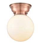 623-1F-AC-G201-8 1-Light 8" Antique Copper Flush Mount - Matte White Cased Beacon Glass - LED Bulb - Dimmensions: 8 x 8 x 9.15 - Sloped Ceiling Compatible: No