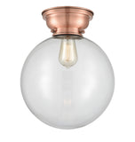 623-1F-AC-G202-12 1-Light 12" Antique Copper Flush Mount - Clear Beacon Glass - LED Bulb - Dimmensions: 12 x 12 x 13.15 - Sloped Ceiling Compatible: No