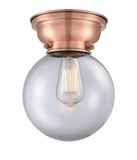 623-1F-AC-G202-8 1-Light 8" Antique Copper Flush Mount - Clear Beacon Glass - LED Bulb - Dimmensions: 8 x 8 x 9.15 - Sloped Ceiling Compatible: No