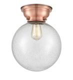 623-1F-AC-G204-10 1-Light 10" Antique Copper Flush Mount - Seedy Beacon Glass - LED Bulb - Dimmensions: 10 x 10 x 11.15 - Sloped Ceiling Compatible: No