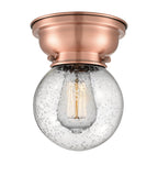 623-1F-AC-G204-6 1-Light 6.25" Antique Copper Flush Mount - Seedy Beacon Glass - LED Bulb - Dimmensions: 6.25 x 6.25 x 7.15 - Sloped Ceiling Compatible: No