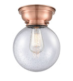 623-1F-AC-G204-8 1-Light 8" Antique Copper Flush Mount - Seedy Beacon Glass - LED Bulb - Dimmensions: 8 x 8 x 9.15 - Sloped Ceiling Compatible: No
