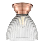 623-1F-AC-G222 1-Light 9.5" Antique Copper Flush Mount - Clear Halophane Seneca Falls Glass - LED Bulb - Dimmensions: 9.5 x 9.5 x 9.4 - Sloped Ceiling Compatible: No