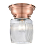 623-1F-AC-G302 1-Light 6.25" Antique Copper Flush Mount - Thick Clear Halophane Colton Glass - LED Bulb - Dimmensions: 6.25 x 6.25 x 7.4 - Sloped Ceiling Compatible: No