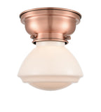 623-1F-AC-G321 1-Light 6.75" Antique Copper Flush Mount - Matte White Olean Glass - LED Bulb - Dimmensions: 6.75 x 6.75 x 6.4 - Sloped Ceiling Compatible: No