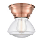 623-1F-AC-G322 1-Light 6.75" Antique Copper Flush Mount - Clear Olean Glass - LED Bulb - Dimmensions: 6.75 x 6.75 x 6.4 - Sloped Ceiling Compatible: No