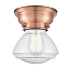 623-1F-AC-G324 1-Light 6.75" Antique Copper Flush Mount - Seedy Olean Glass - LED Bulb - Dimmensions: 6.75 x 6.75 x 6.4 - Sloped Ceiling Compatible: No