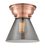 623-1F-AC-G43 1-Light 7.75" Antique Copper Flush Mount - Plated Smoke Large Cone Glass - LED Bulb - Dimmensions: 7.75 x 7.75 x 7.4 - Sloped Ceiling Compatible: No