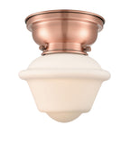 623-1F-AC-G531 1-Light 7.5" Antique Copper Flush Mount - Matte White Cased Small Oxford Glass - LED Bulb - Dimmensions: 7.5 x 7.5 x 7.15 - Sloped Ceiling Compatible: No