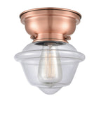 623-1F-AC-G532 1-Light 7.5" Antique Copper Flush Mount - Clear Small Oxford Glass - LED Bulb - Dimmensions: 7.5 x 7.5 x 7.15 - Sloped Ceiling Compatible: No