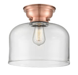 623-1F-AC-G72-L 1-Light 12" Antique Copper Flush Mount - Clear X-Large Bell Glass - LED Bulb - Dimmensions: 12 x 12 x 9.4 - Sloped Ceiling Compatible: No