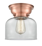 623-1F-AC-G72 1-Light 8" Antique Copper Flush Mount - Clear Large Bell Glass - LED Bulb - Dimmensions: 8 x 8 x 7.875 - Sloped Ceiling Compatible: No