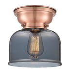 623-1F-AC-G73 1-Light 8" Antique Copper Flush Mount - Plated Smoke Large Bell Glass - LED Bulb - Dimmensions: 8 x 8 x 7.875 - Sloped Ceiling Compatible: No