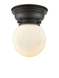 623-1F-BK-G201-6 1-Light 6.25" Matte Black Flush Mount - Matte White Cased Beacon Glass - LED Bulb - Dimmensions: 6.25 x 6.25 x 7.15 - Sloped Ceiling Compatible: No