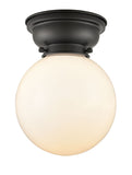 623-1F-BK-G201-8 1-Light 8" Matte Black Flush Mount - Matte White Cased Beacon Glass - LED Bulb - Dimmensions: 8 x 8 x 9.15 - Sloped Ceiling Compatible: No