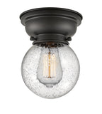 623-1F-BK-G204-6 1-Light 6.25" Matte Black Flush Mount - Seedy Beacon Glass - LED Bulb - Dimmensions: 6.25 x 6.25 x 7.15 - Sloped Ceiling Compatible: No