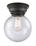 623-1F-BK-G204-8 1-Light 8" Matte Black Flush Mount - Seedy Beacon Glass - LED Bulb - Dimmensions: 8 x 8 x 9.15 - Sloped Ceiling Compatible: No