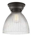 623-1F-BK-G222 1-Light 9.5" Matte Black Flush Mount - Clear Halophane Seneca Falls Glass - LED Bulb - Dimmensions: 9.5 x 9.5 x 9.4 - Sloped Ceiling Compatible: No