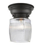 623-1F-BK-G302 1-Light 6.25" Matte Black Flush Mount - Thick Clear Halophane Colton Glass - LED Bulb - Dimmensions: 6.25 x 6.25 x 7.4 - Sloped Ceiling Compatible: No