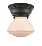 623-1F-BK-G321 1-Light 6.75" Matte Black Flush Mount - Matte White Olean Glass - LED Bulb - Dimmensions: 6.75 x 6.75 x 6.4 - Sloped Ceiling Compatible: No
