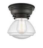 623-1F-BK-G324 1-Light 6.75" Matte Black Flush Mount - Seedy Olean Glass - LED Bulb - Dimmensions: 6.75 x 6.75 x 6.4 - Sloped Ceiling Compatible: No