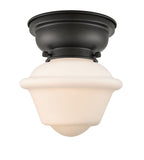 623-1F-BK-G531 1-Light 7.5" Matte Black Flush Mount - Matte White Cased Small Oxford Glass - LED Bulb - Dimmensions: 7.5 x 7.5 x 7.15 - Sloped Ceiling Compatible: No