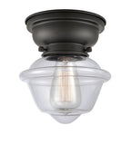 623-1F-BK-G532 1-Light 7.5" Matte Black Flush Mount - Clear Small Oxford Glass - LED Bulb - Dimmensions: 7.5 x 7.5 x 7.15 - Sloped Ceiling Compatible: No