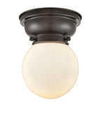 623-1F-OB-G201-6 1-Light 6.25" Oil Rubbed Bronze Flush Mount - Matte White Cased Beacon Glass - LED Bulb - Dimmensions: 6.25 x 6.25 x 7.15 - Sloped Ceiling Compatible: No