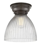 623-1F-OB-G222 1-Light 9.5" Oil Rubbed Bronze Flush Mount - Clear Halophane Seneca Falls Glass - LED Bulb - Dimmensions: 9.5 x 9.5 x 9.4 - Sloped Ceiling Compatible: No
