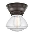 623-1F-OB-G324 1-Light 6.75" Oil Rubbed Bronze Flush Mount - Seedy Olean Glass - LED Bulb - Dimmensions: 6.75 x 6.75 x 6.4 - Sloped Ceiling Compatible: No