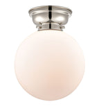 623-1F-PN-G201-10 1-Light 10" Polished Nickel Flush Mount - Matte White Cased Beacon Glass - LED Bulb - Dimmensions: 10 x 10 x 11.15 - Sloped Ceiling Compatible: No