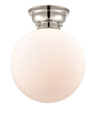 623-1F-PN-G201-12 1-Light 12" Polished Nickel Flush Mount - Matte White Cased Beacon Glass - LED Bulb - Dimmensions: 12 x 12 x 13.15 - Sloped Ceiling Compatible: No