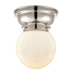 623-1F-PN-G201-6 1-Light 6.25" Polished Nickel Flush Mount - Matte White Cased Beacon Glass - LED Bulb - Dimmensions: 6.25 x 6.25 x 7.15 - Sloped Ceiling Compatible: No