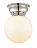 623-1F-PN-G201-8 1-Light 8" Polished Nickel Flush Mount - Matte White Cased Beacon Glass - LED Bulb - Dimmensions: 8 x 8 x 9.15 - Sloped Ceiling Compatible: No