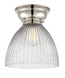 623-1F-PN-G222 1-Light 9.5" Polished Nickel Flush Mount - Clear Halophane Seneca Falls Glass - LED Bulb - Dimmensions: 9.5 x 9.5 x 9.4 - Sloped Ceiling Compatible: No