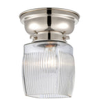 623-1F-PN-G302 1-Light 6.25" Polished Nickel Flush Mount - Thick Clear Halophane Colton Glass - LED Bulb - Dimmensions: 6.25 x 6.25 x 7.4 - Sloped Ceiling Compatible: No