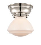 623-1F-PN-G321 1-Light 6.75" Polished Nickel Flush Mount - Matte White Olean Glass - LED Bulb - Dimmensions: 6.75 x 6.75 x 6.4 - Sloped Ceiling Compatible: No