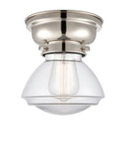 623-1F-PN-G322 1-Light 6.75" Polished Nickel Flush Mount - Clear Olean Glass - LED Bulb - Dimmensions: 6.75 x 6.75 x 6.4 - Sloped Ceiling Compatible: No