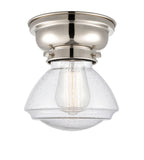 623-1F-PN-G324 1-Light 6.75" Polished Nickel Flush Mount - Seedy Olean Glass - LED Bulb - Dimmensions: 6.75 x 6.75 x 6.4 - Sloped Ceiling Compatible: No
