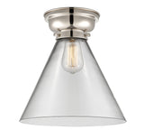 623-1F-PN-G42-L 1-Light 12" Polished Nickel Flush Mount - Clear Cone 12" Glass - LED Bulb - Dimmensions: 12 x 12 x 11.4 - Sloped Ceiling Compatible: No