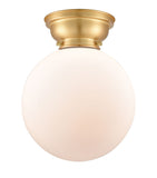 623-1F-SG-G201-10 1-Light 10" Satin Gold Flush Mount - Matte White Cased Beacon Glass - LED Bulb - Dimmensions: 10 x 10 x 11.15 - Sloped Ceiling Compatible: No