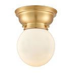 623-1F-SG-G201-6 1-Light 6.25" Satin Gold Flush Mount - Matte White Cased Beacon Glass - LED Bulb - Dimmensions: 6.25 x 6.25 x 7.15 - Sloped Ceiling Compatible: No
