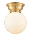 623-1F-SG-G201-8 1-Light 8" Satin Gold Flush Mount - Matte White Cased Beacon Glass - LED Bulb - Dimmensions: 8 x 8 x 9.15 - Sloped Ceiling Compatible: No