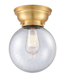 623-1F-SG-G204-8 1-Light 8" Satin Gold Flush Mount - Seedy Beacon Glass - LED Bulb - Dimmensions: 8 x 8 x 9.15 - Sloped Ceiling Compatible: No