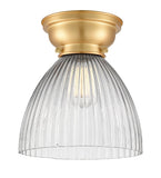 623-1F-SG-G222 1-Light 9.5" Satin Gold Flush Mount - Clear Halophane Seneca Falls Glass - LED Bulb - Dimmensions: 9.5 x 9.5 x 9.4 - Sloped Ceiling Compatible: No