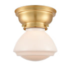 623-1F-SG-G321 1-Light 6.75" Satin Gold Flush Mount - Matte White Olean Glass - LED Bulb - Dimmensions: 6.75 x 6.75 x 6.4 - Sloped Ceiling Compatible: No